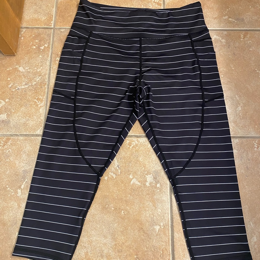 ZYIA Navy and White Striped Leggings with Contoured Seams